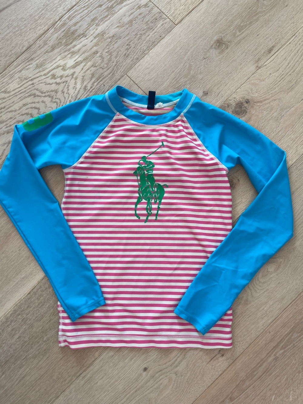 Polo by Ralph Lauren Striped Girls Rash Guard Shirt Green Polo Logo L(12-14)